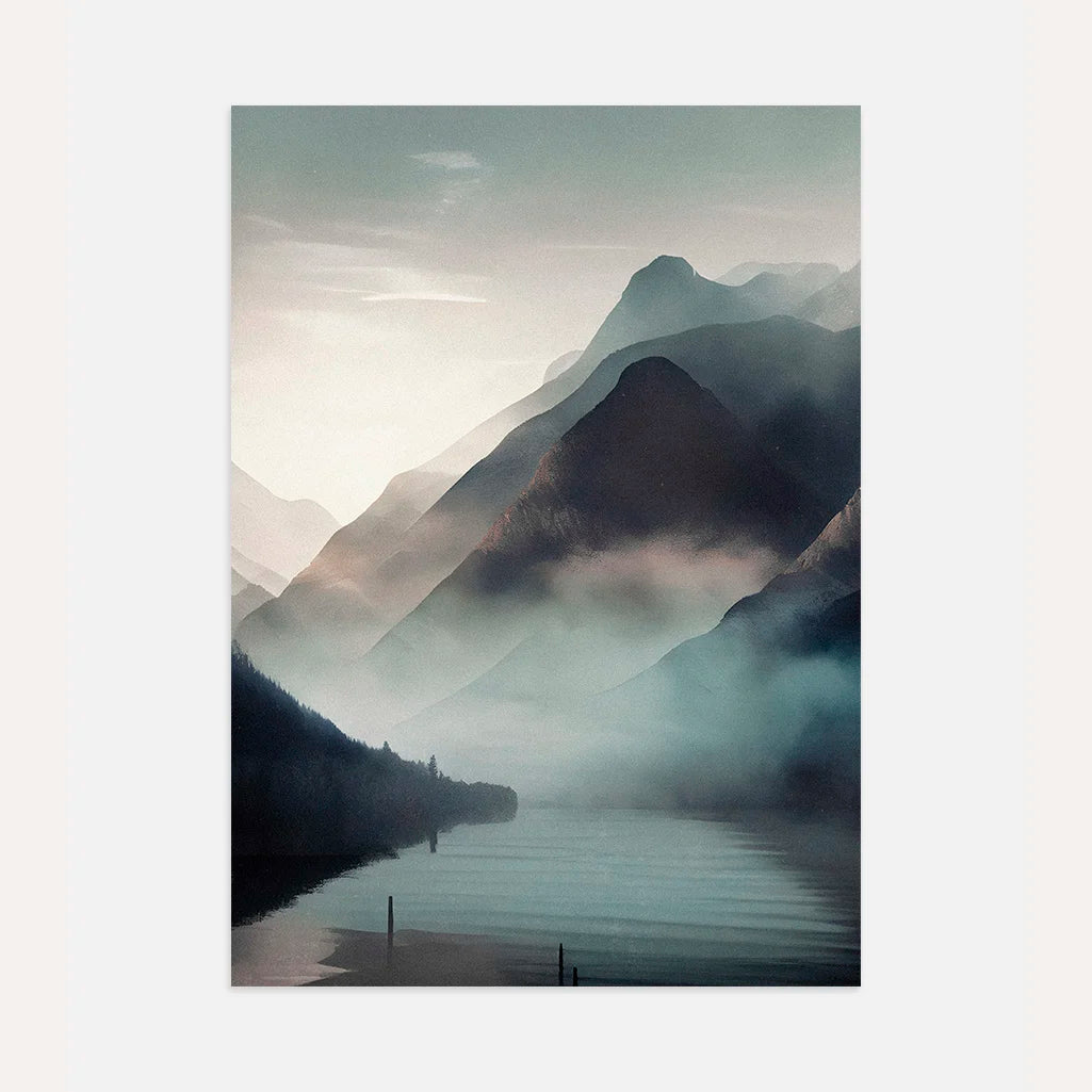 Misty Mountains Over Lake Poster