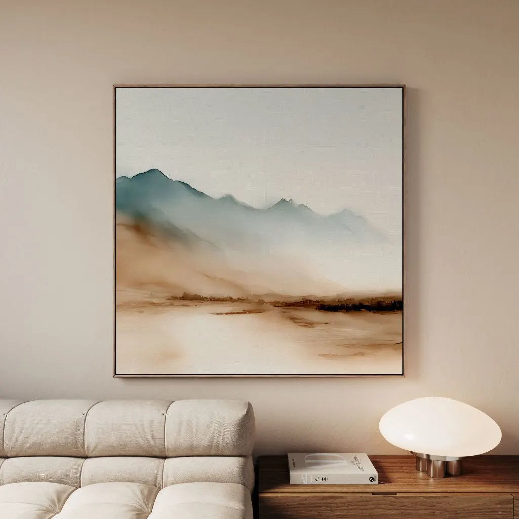 Ingelijst canvas – Beige en blauwe bergen