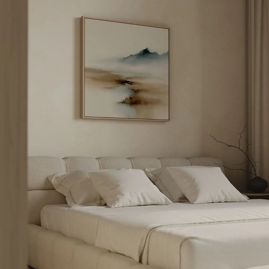 Ingelijst canvas – Beige en blauwe nevel