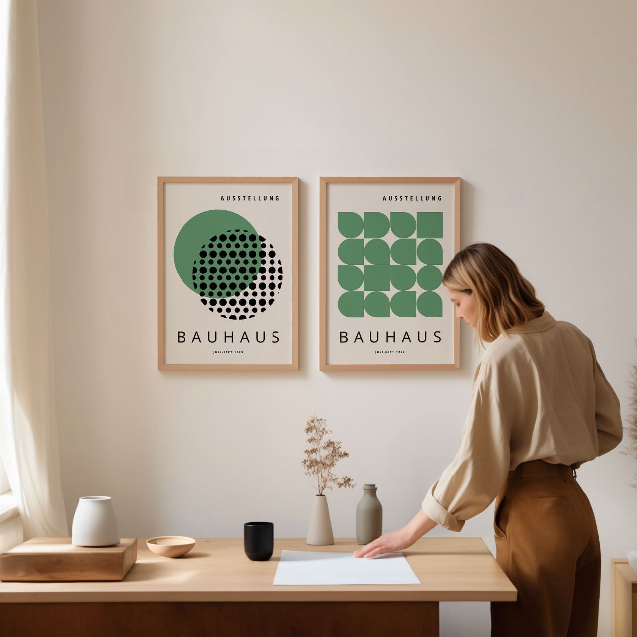 Bauhaus Groene geometrie – Set van 2 posters