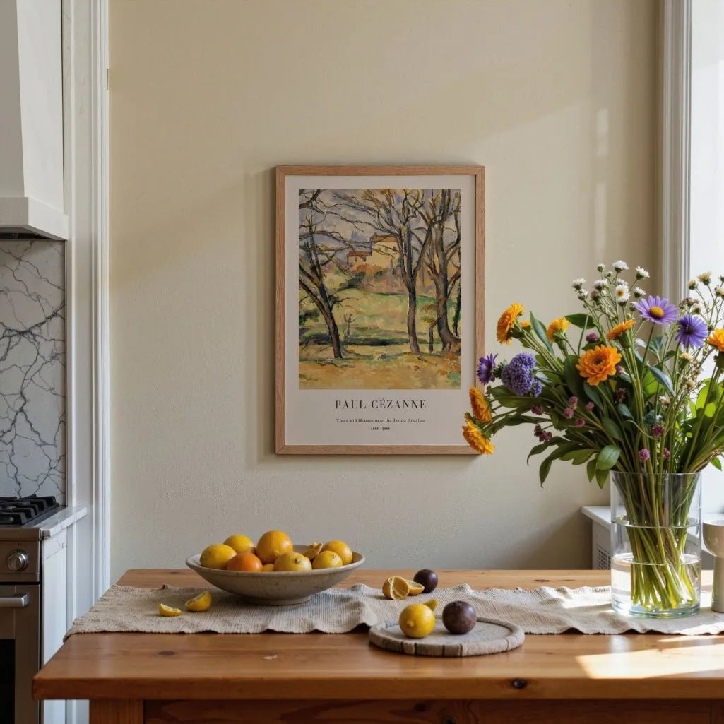Paul Cézanne – Bomen en huizen bij Jas de Bouffan Poster