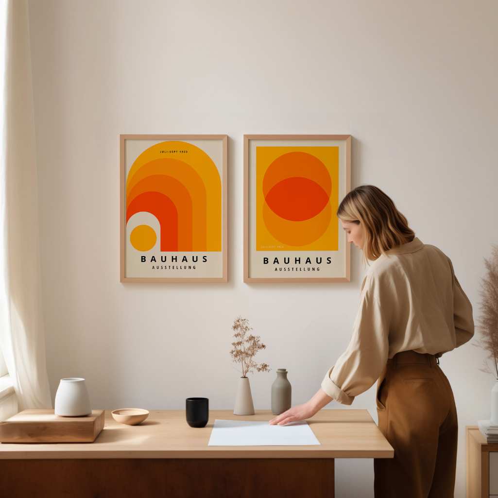 Bauhaus Oranje Geometrie – Set van 2 posters