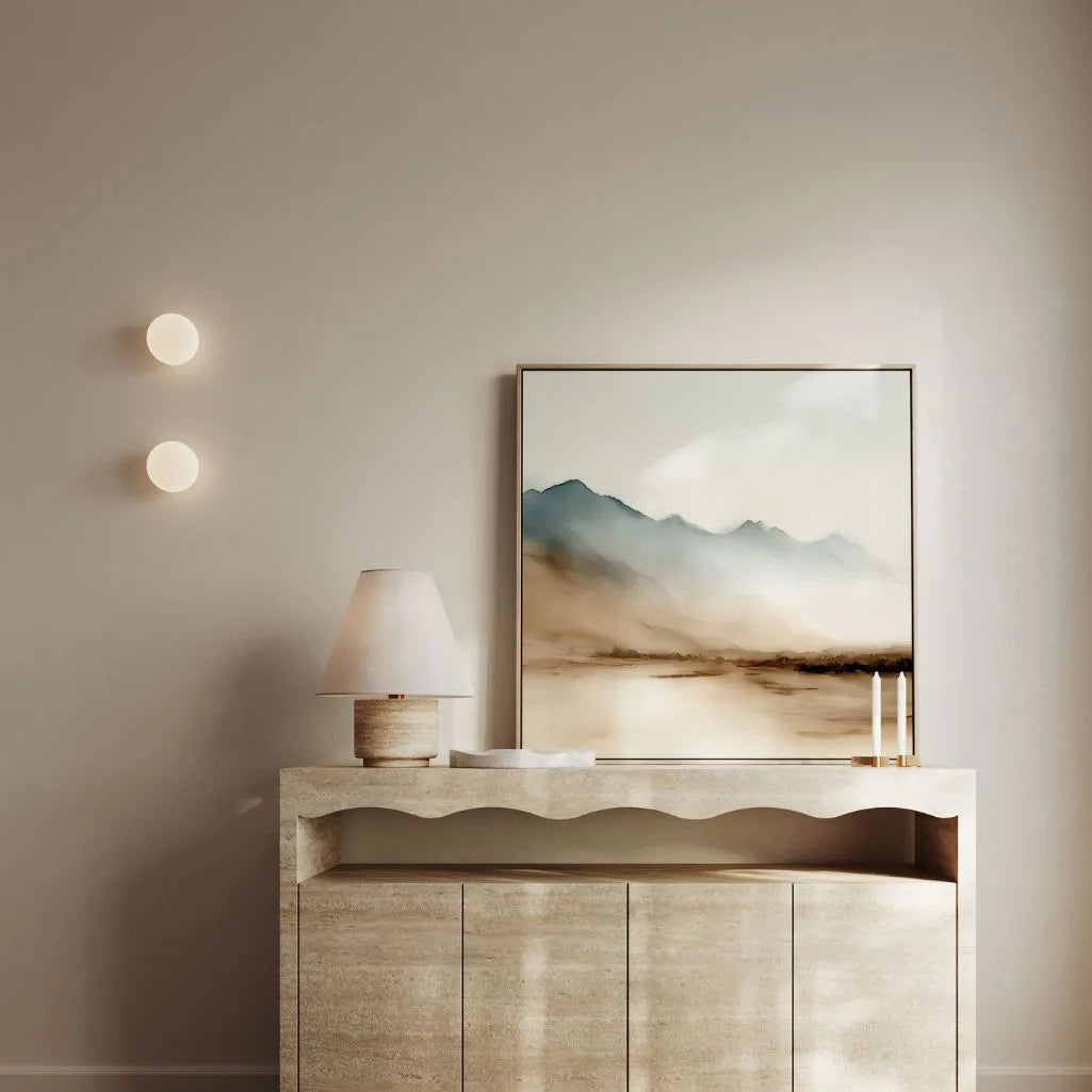 Ingelijst canvas – Beige en blauwe bergen