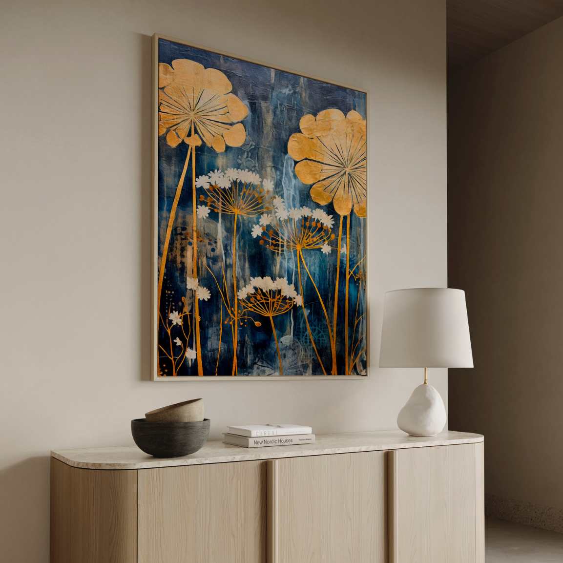 Ingelijst canvas - Japanse gouden bloemen