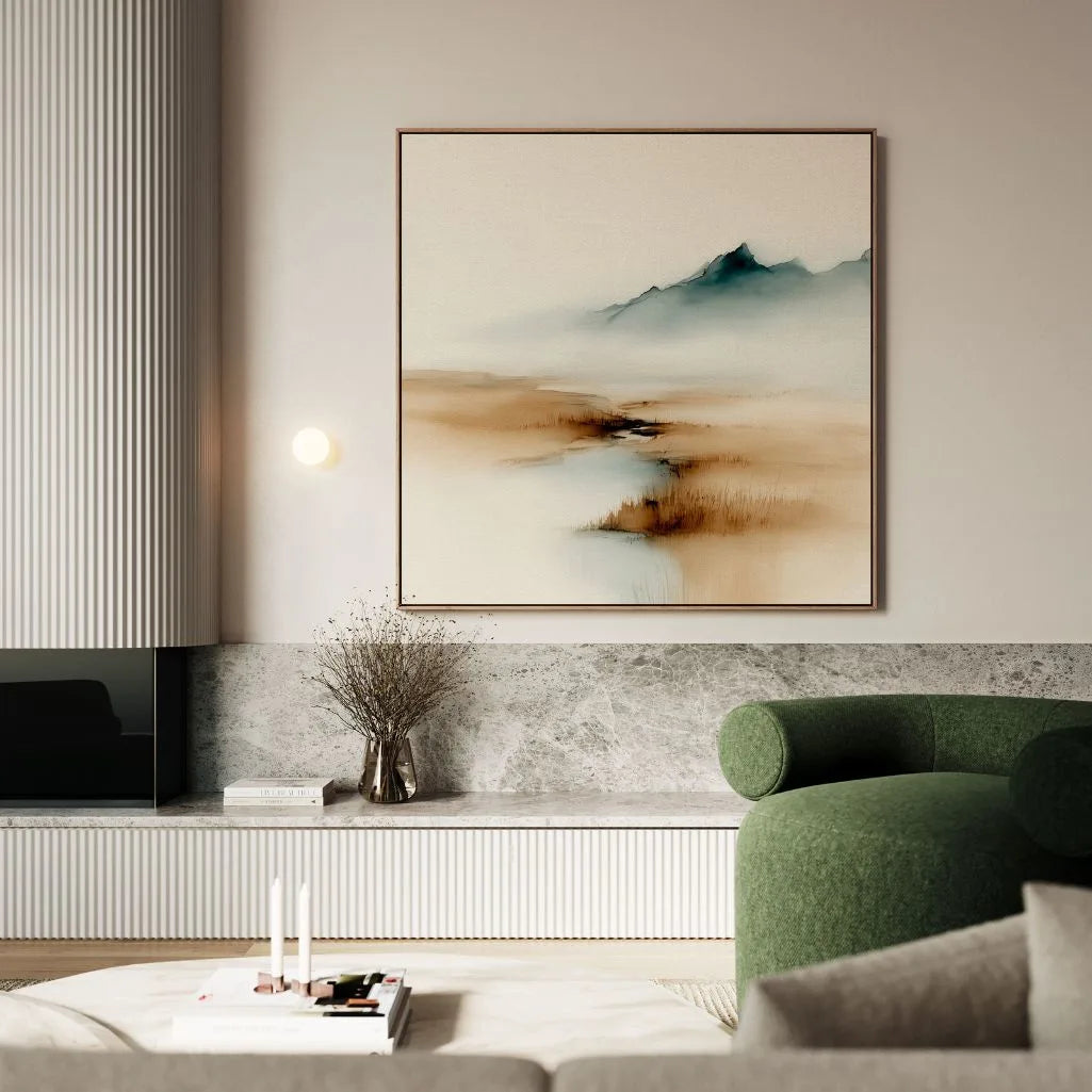 Ingelijst canvas – Beige en blauwe nevel