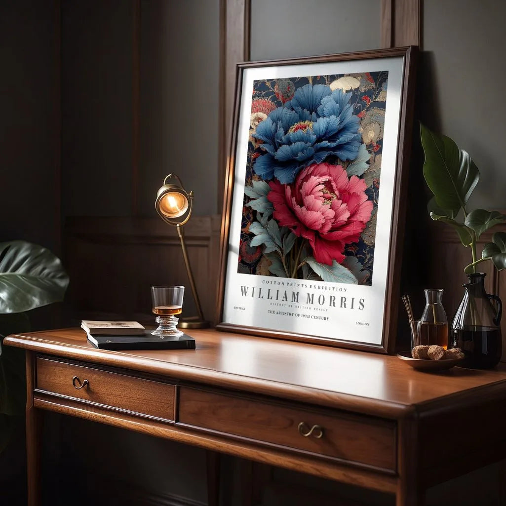 Poster – Marineblauwe en Rode Bloemen