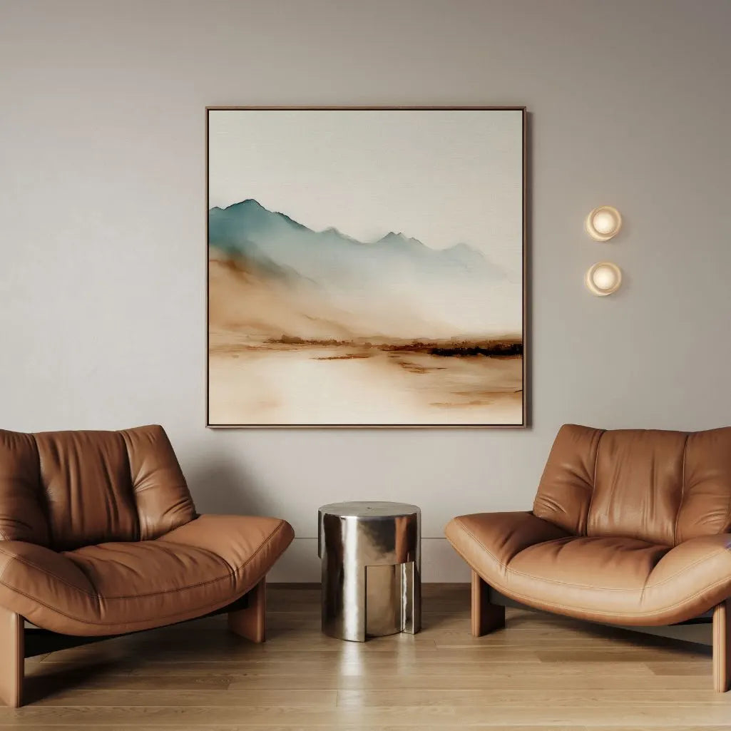 Ingelijst canvas – Beige en blauwe bergen