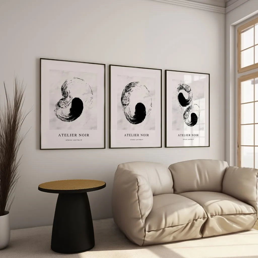 Atelier Noir – Set of 3 Abstract Art Prints - Black & Light Gray Minimalist Wall Art
