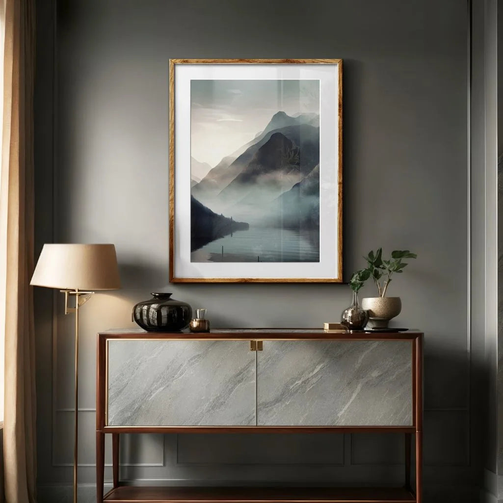 Misty Mountains Over Lake Poster