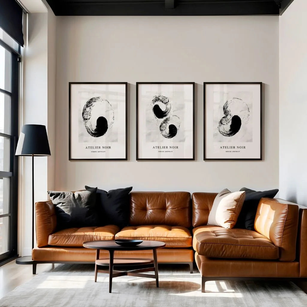Atelier Noir – Set of 3 Abstract Art Prints - Black & Light Gray Minimalist Wall Art