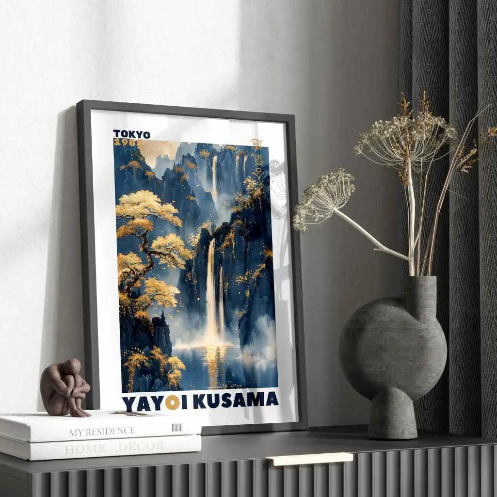 Japanese Style Golden Mountain Waterfall Poster