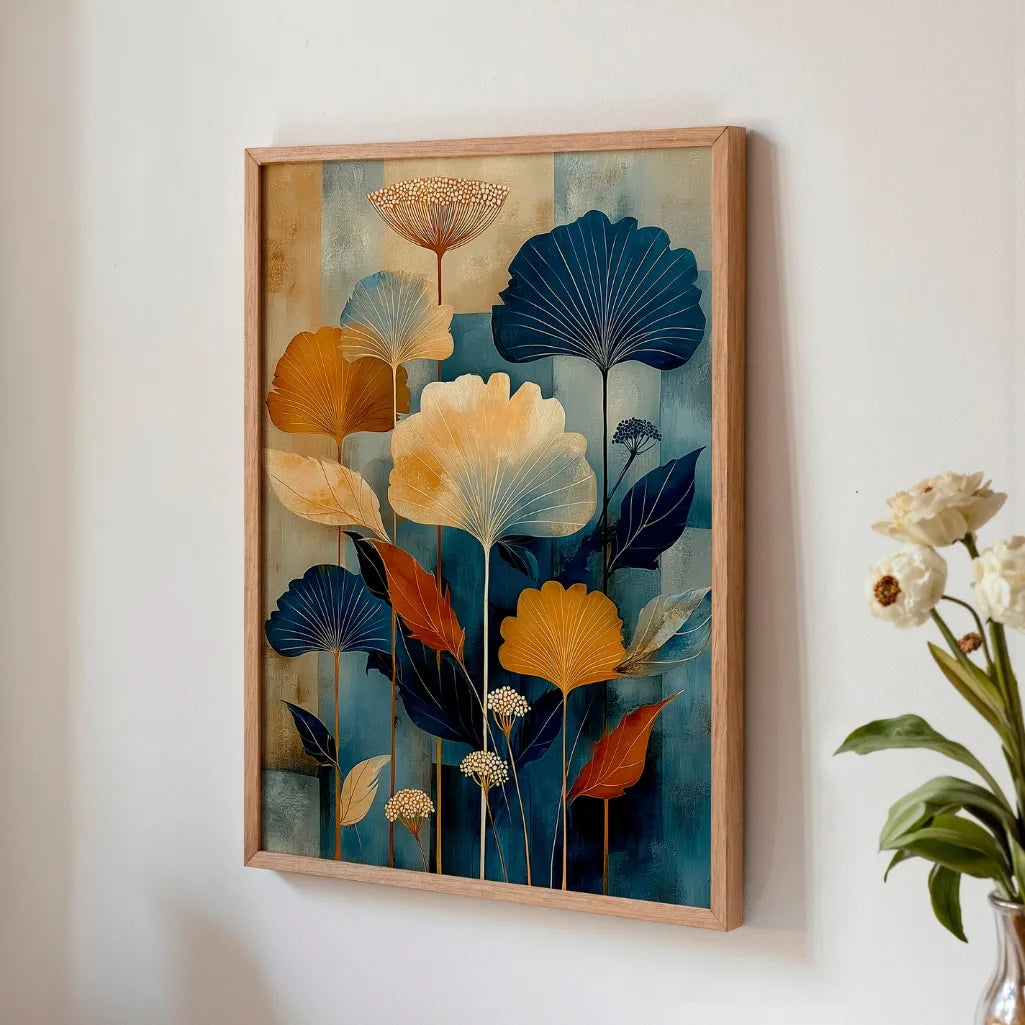 abstract boho botanical print with elegant blue and beige composition for stylish bedroom decor