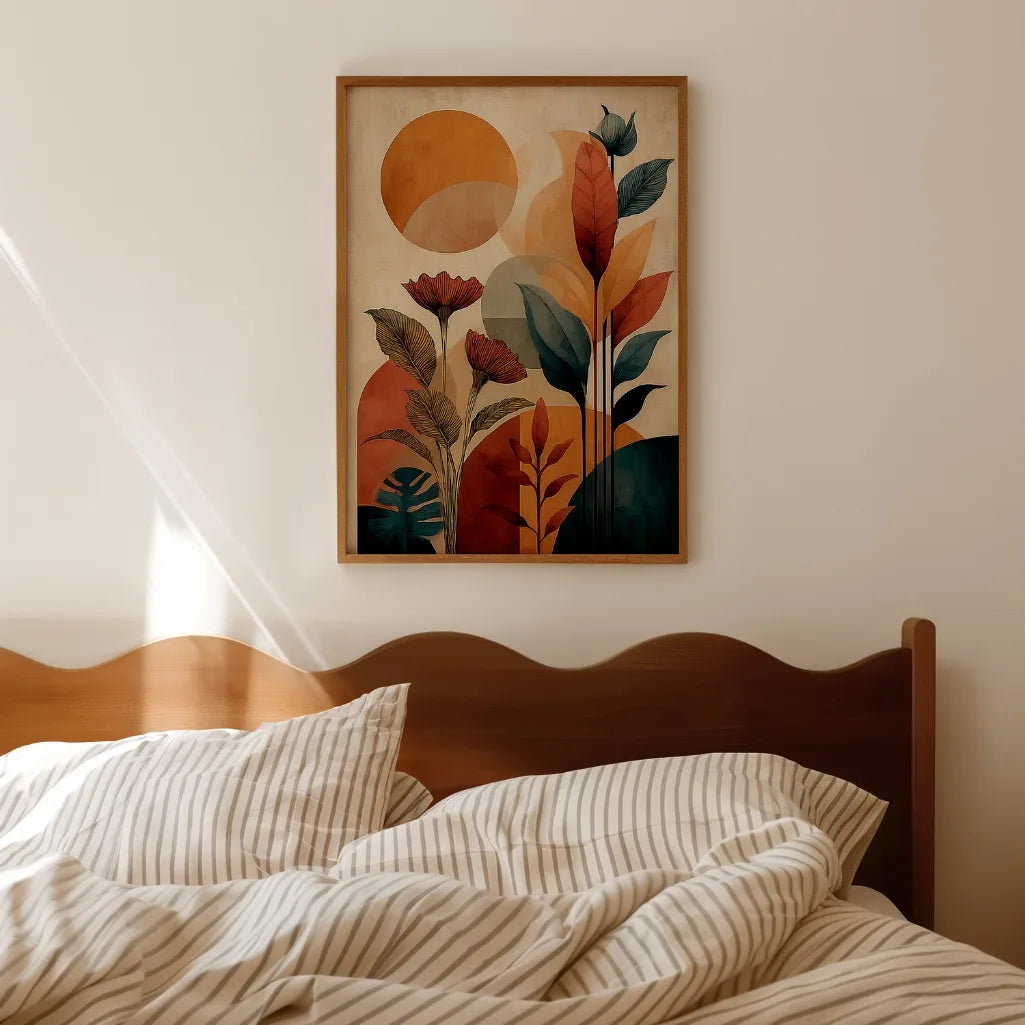 modern botanical poster with sun shapes in terracotta and green tones for natural home decor