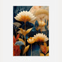Abstract floral poster with navy blue and gold flowers, elegant botanical wall art for modern living room decor