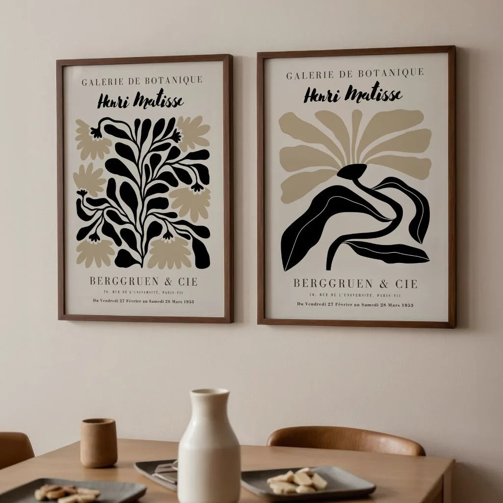 Set of 2 abstract flower posters arranged as gallery wall in modern interior
