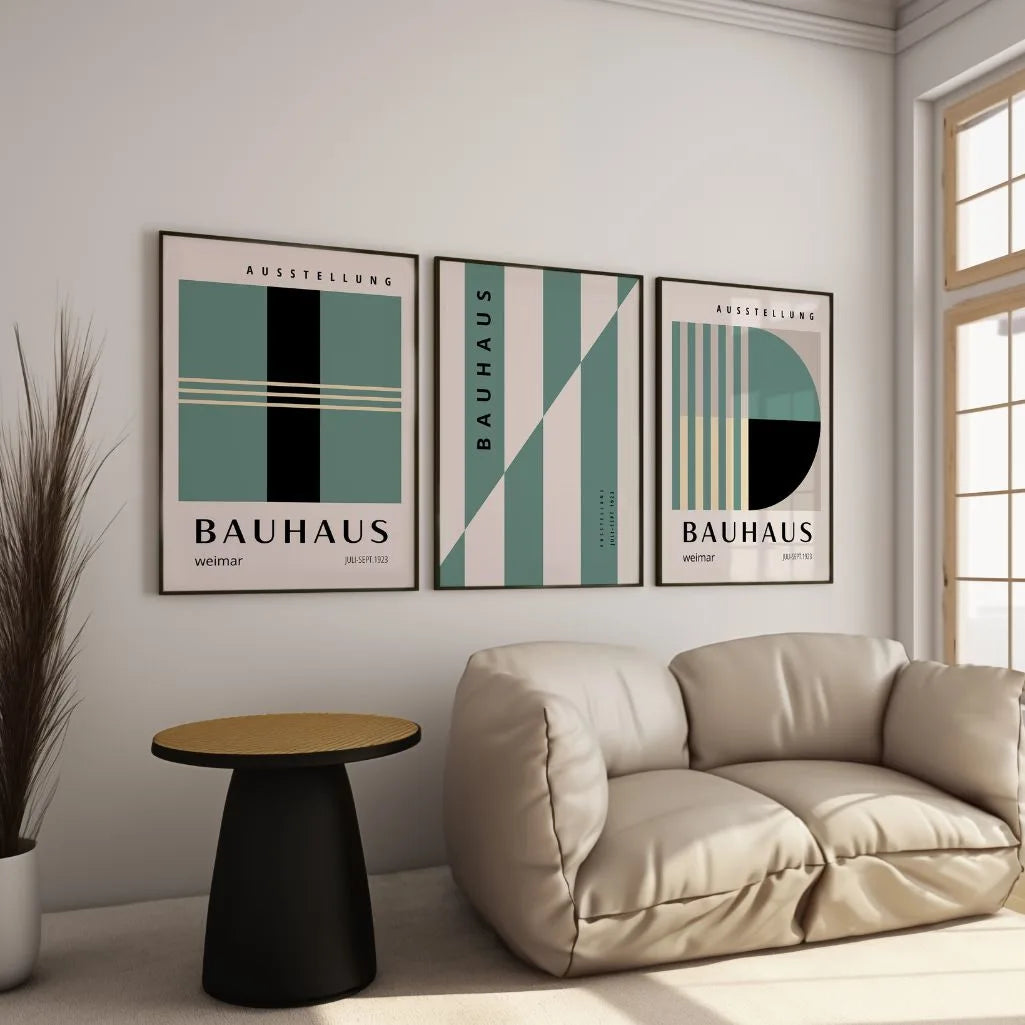 green and sage bauhaus poster set arranged in modern gallery wall