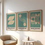 teal and beige geometric bauhaus poster set with arc and wave patterns in office