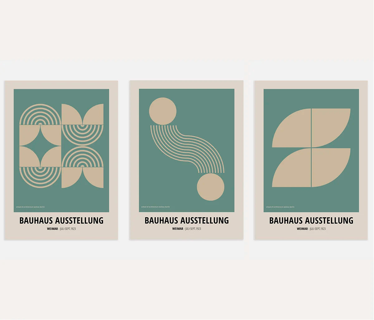 bauhaus poster set of 3 with teal and beige arcs waves and geometric shapes