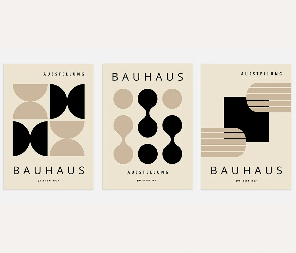 bauhaus poster set of 3 with black and beige geometric grid circles and modular layout