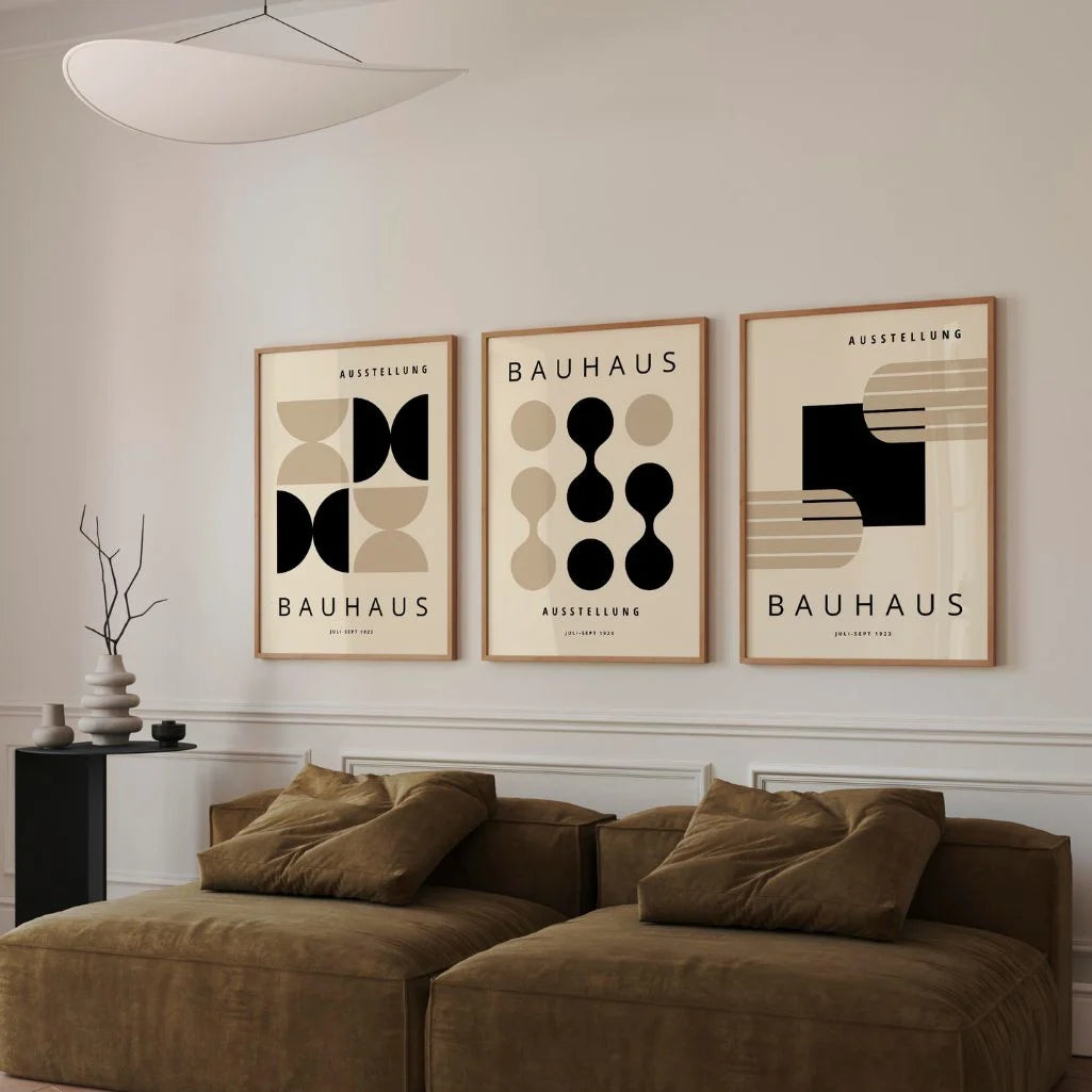 black and beige bauhaus wall art set in modern minimalist living room