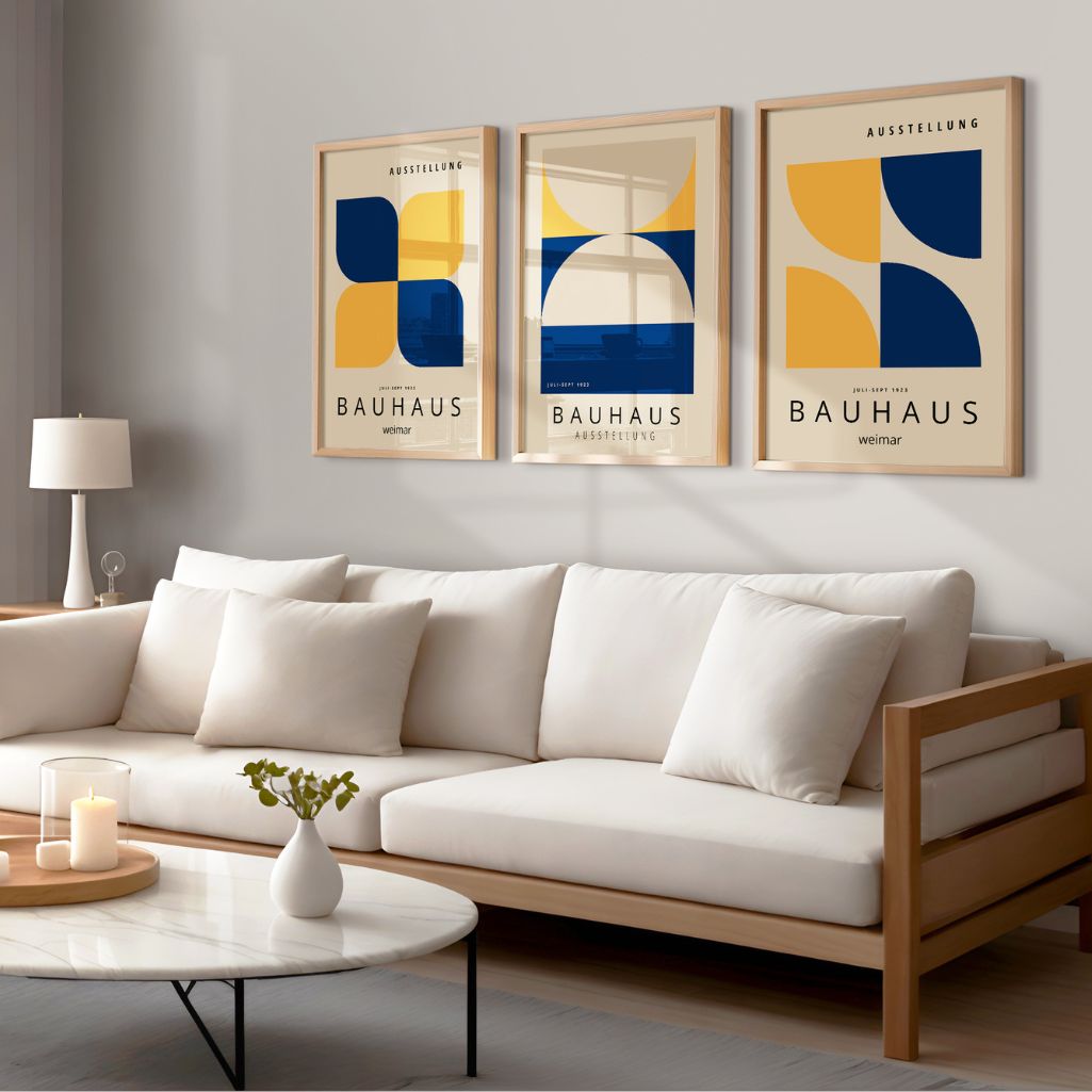 navy yellow and beige bauhaus poster set arranged as modern gallery wall