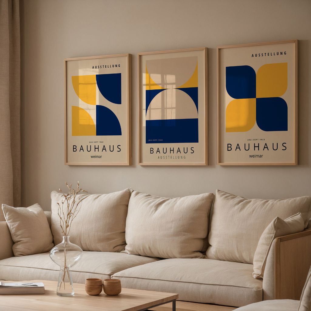 navy yellow and beige bauhaus wall art set in modern minimalist living room