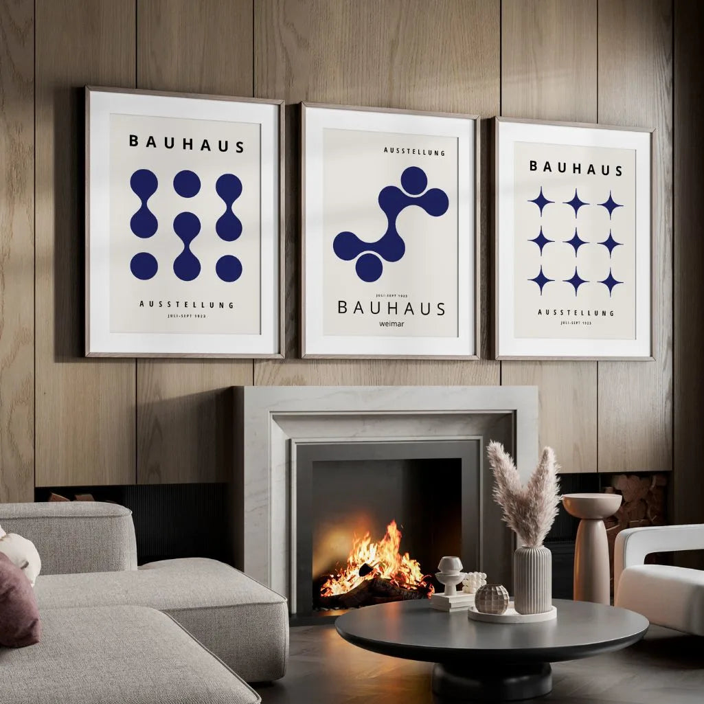 navy geometric bauhaus poster set with dot motifs in modern office