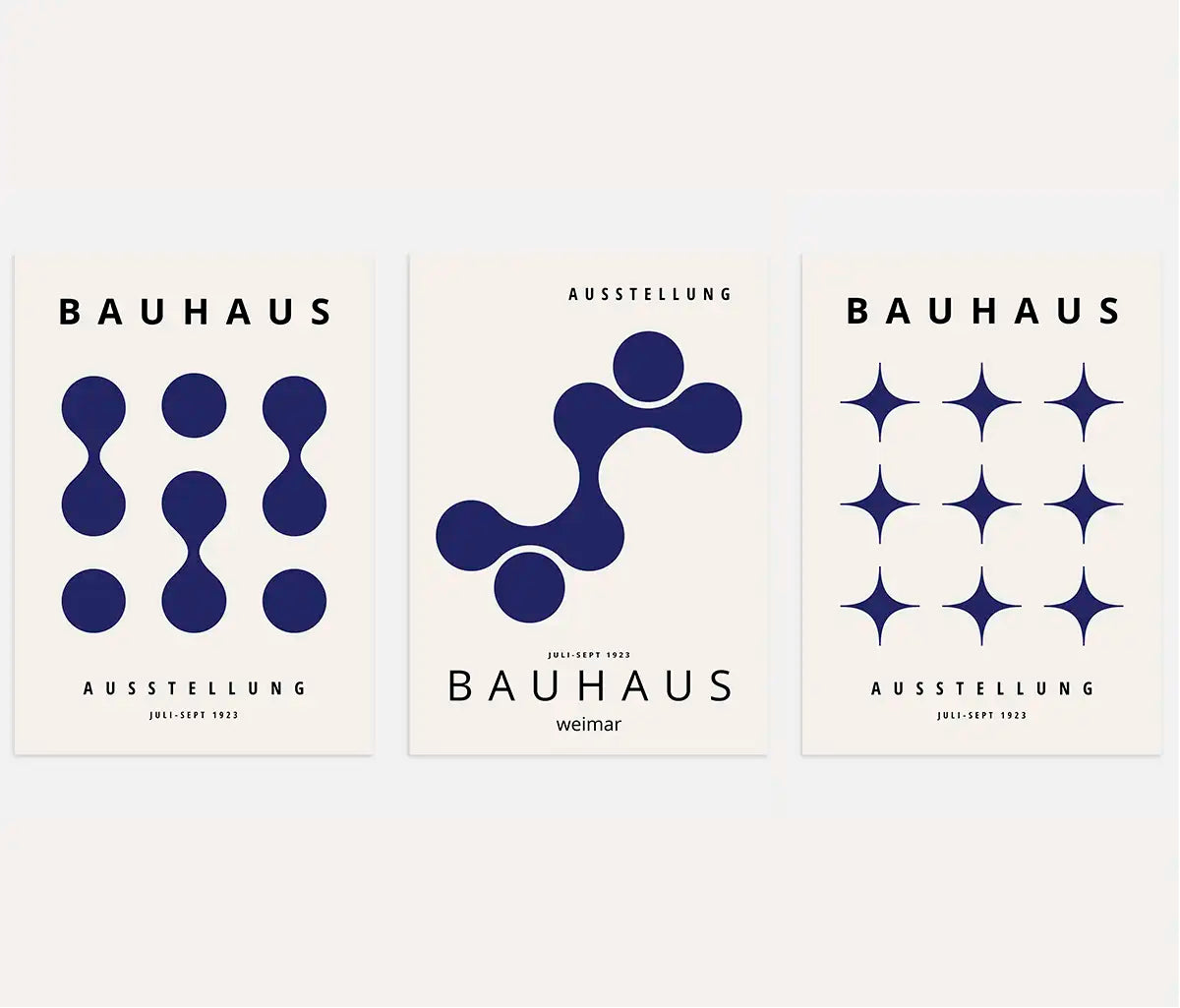 bauhaus poster set of 3 with navy dot patterns and geometric organic shapes
