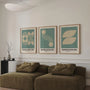 teal and beige bauhaus poster set arranged as modern gallery wall