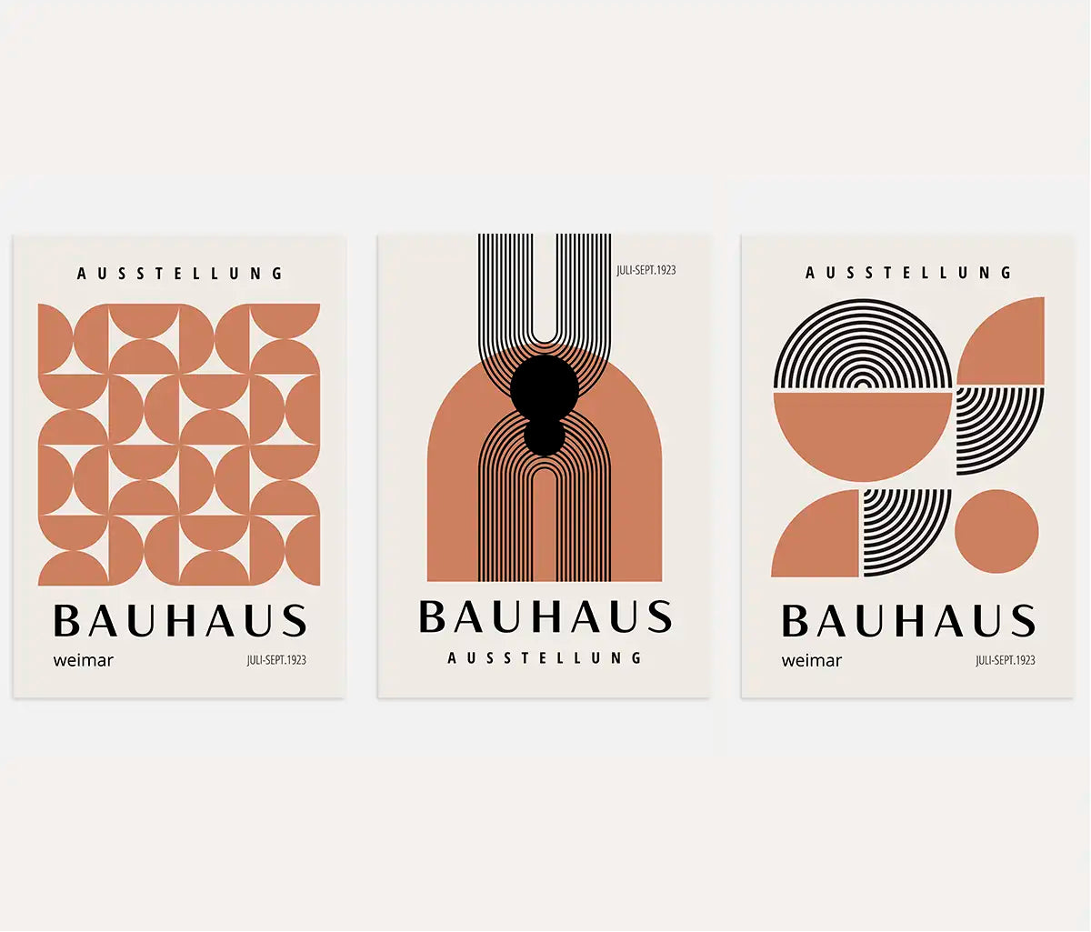 bauhaus poster set of 3 with brown and black concentric lines and geometric arcs