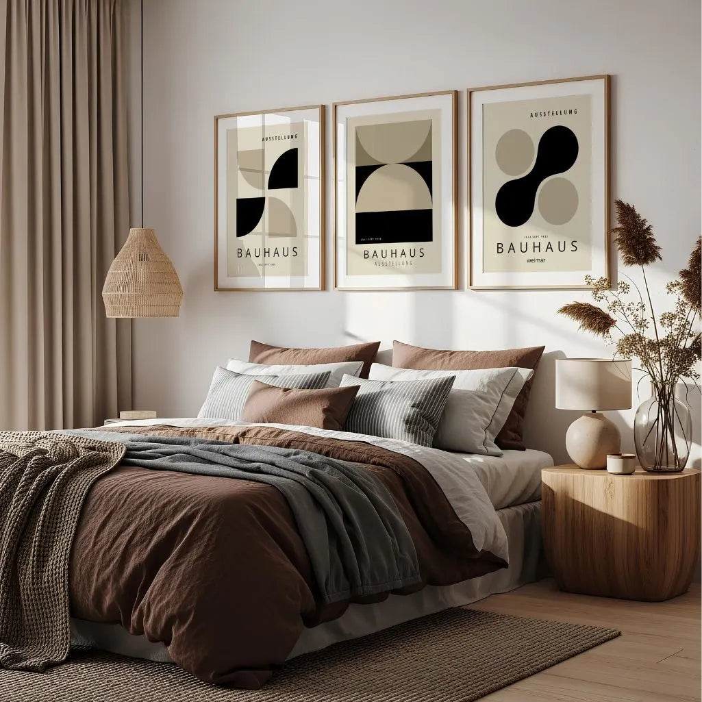 black and beige bauhaus wall art set with abstract planes in modern living room