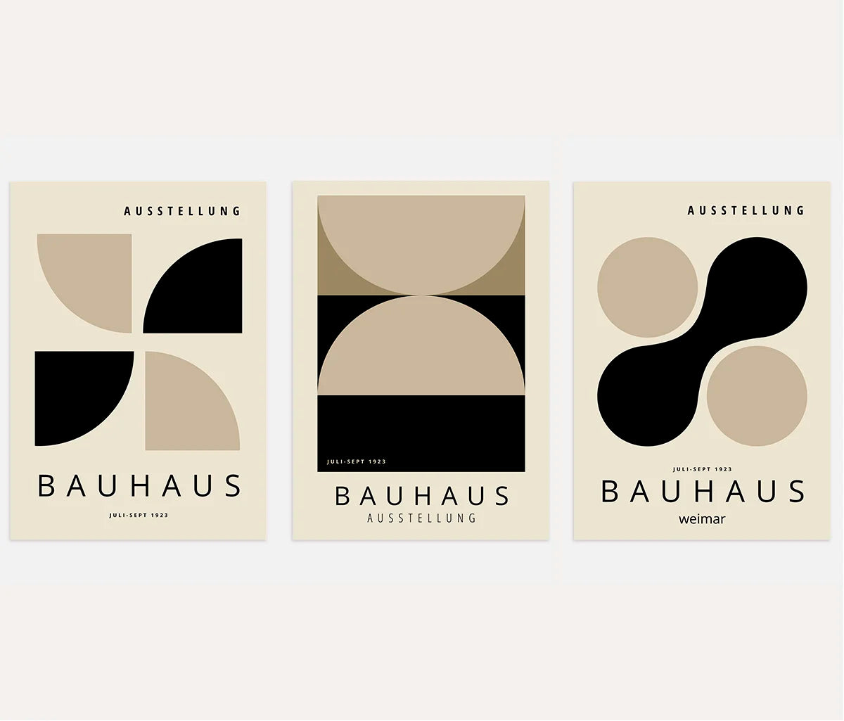bauhaus poster set of 3 with black and beige abstract planes half circles and negative space