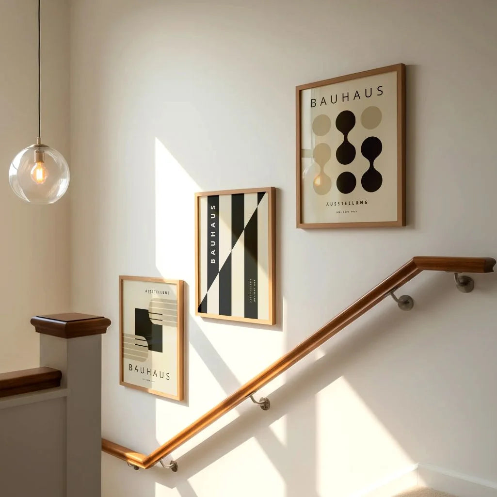 black and beige bauhaus poster set arranged in modern gallery wall