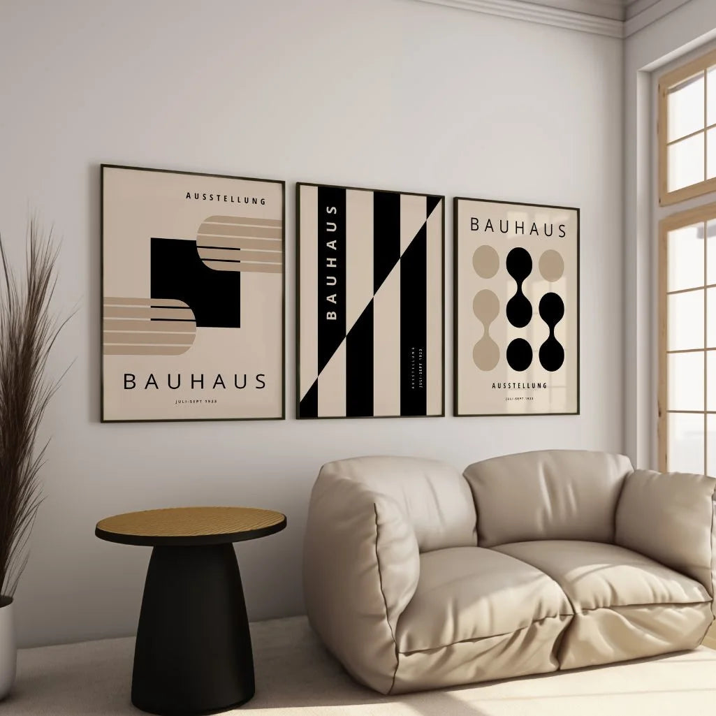 black and beige bauhaus wall art set in modern minimalist living room