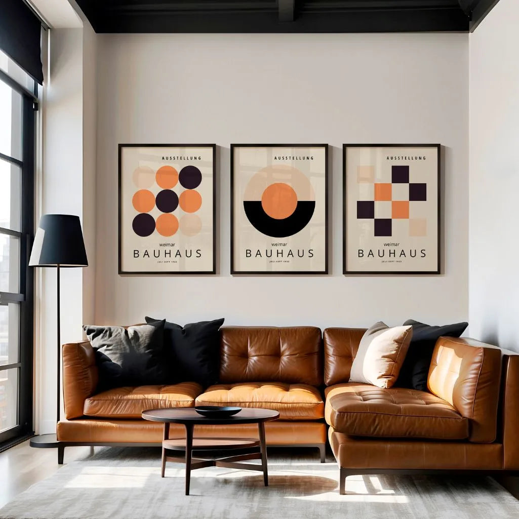 beige black and orange bauhaus wall art set in modern minimalist living room