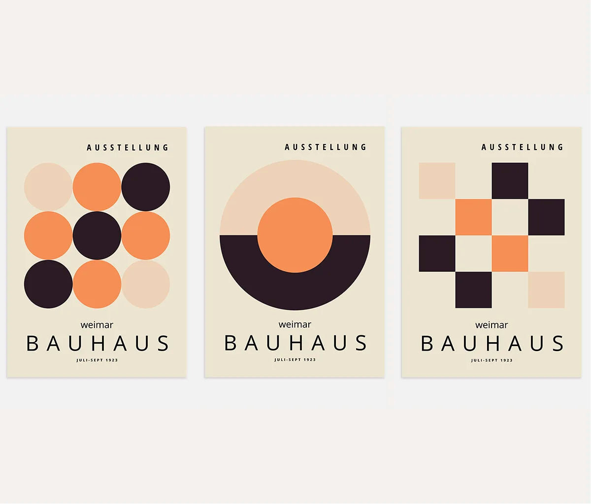 bauhaus poster set of 3 with beige black and orange circles half circles and modular layouts