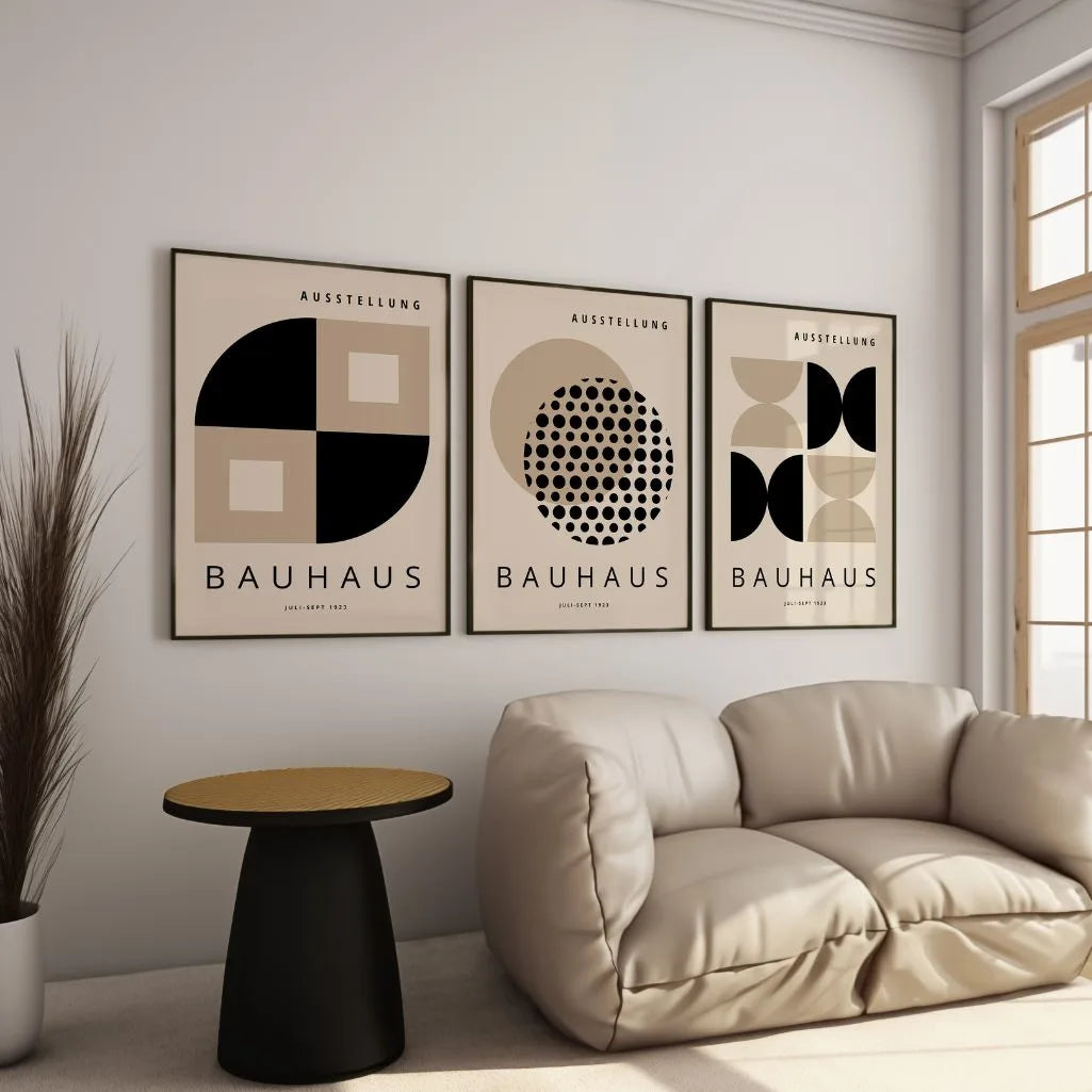 beige and black geometric bauhaus poster set in contemporary office workspace