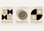 bauhaus poster set of 3 with beige and black circles half circles squares and modular layouts