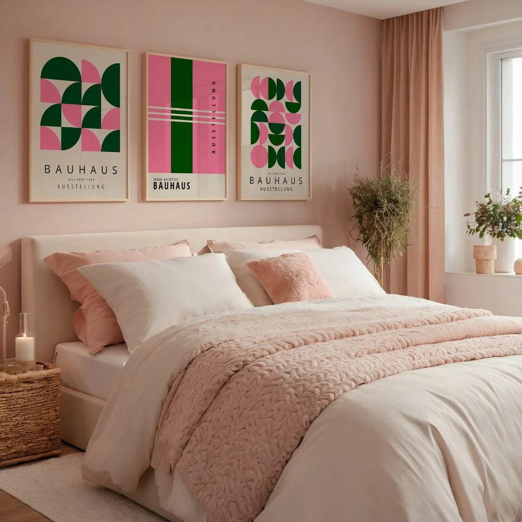 pink and deep green bauhaus wall art set in colorful modern living room