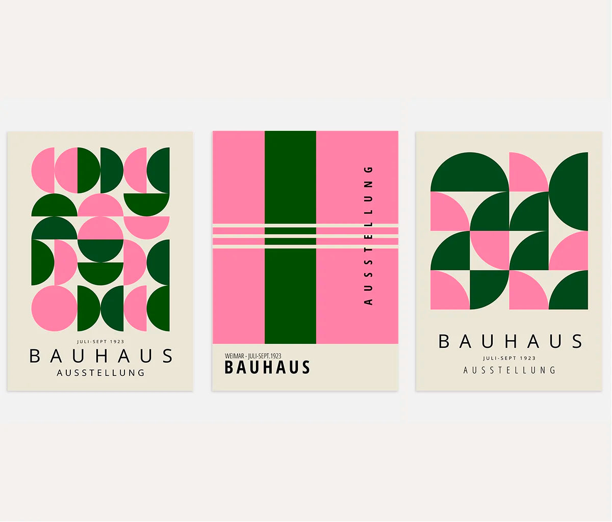 bauhaus poster set of 3 with pink and deep green half circles and graphic contrast