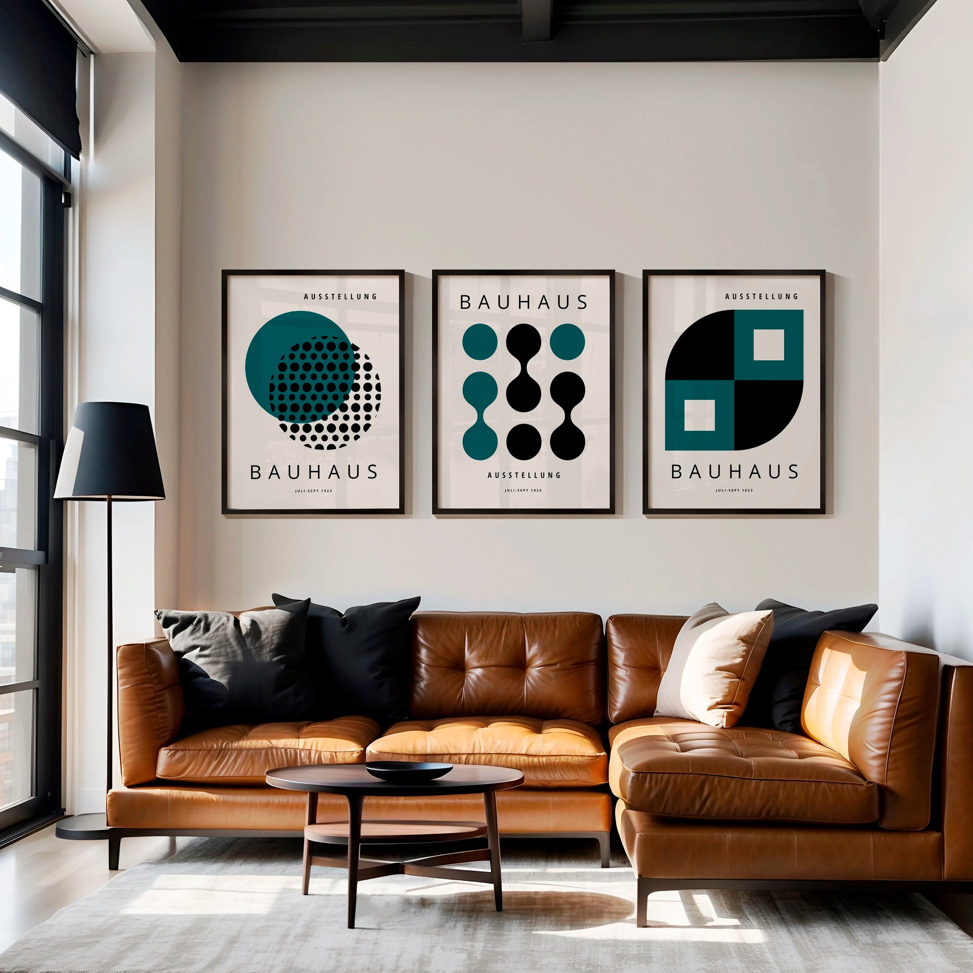 light green and black bauhaus poster set arranged in modern home gallery wall