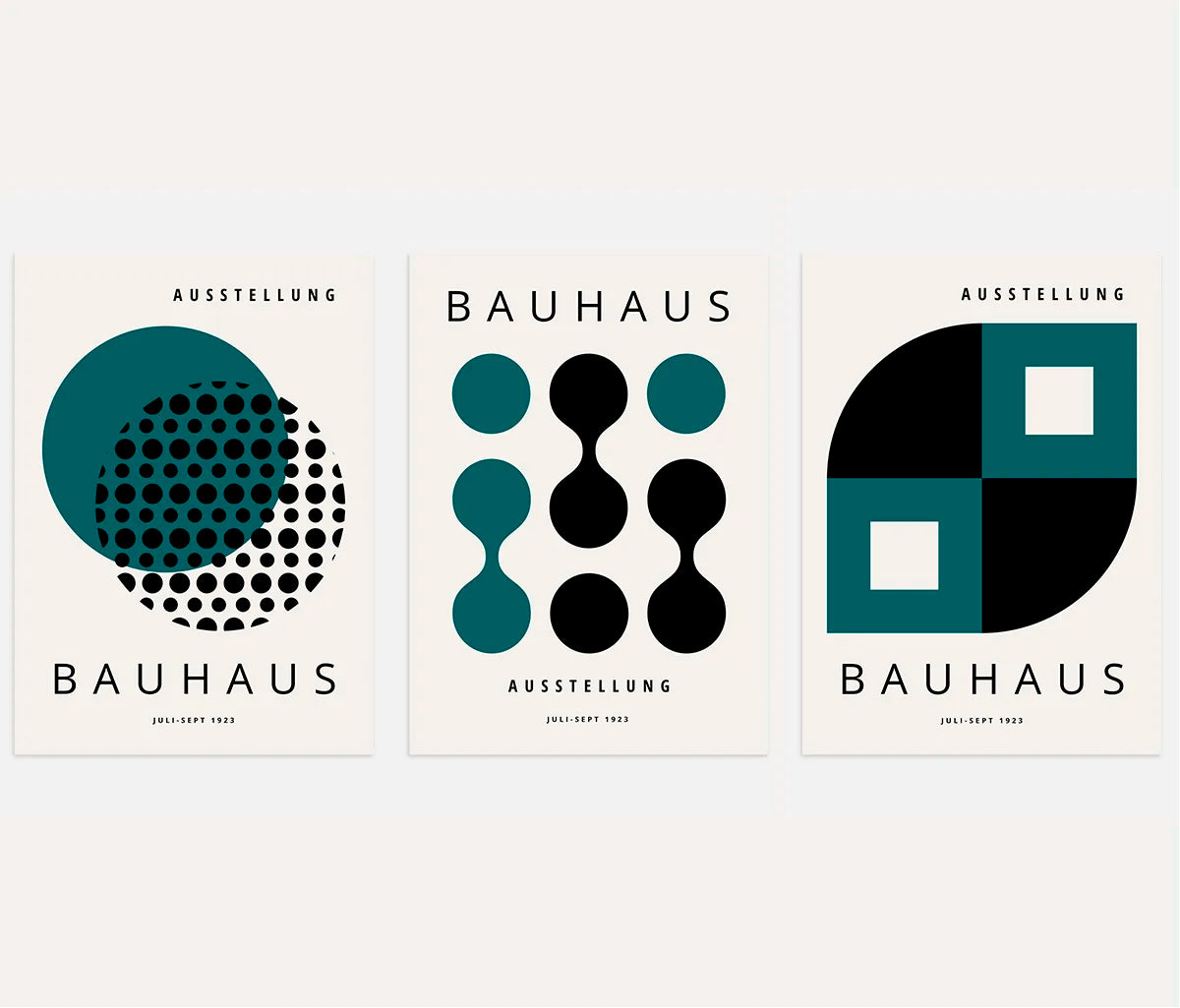 bauhaus poster set of 3 with light green and black circles half circles and modular organic shapes