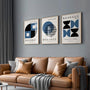 navy and black bauhaus wall art set in modern minimalist living room