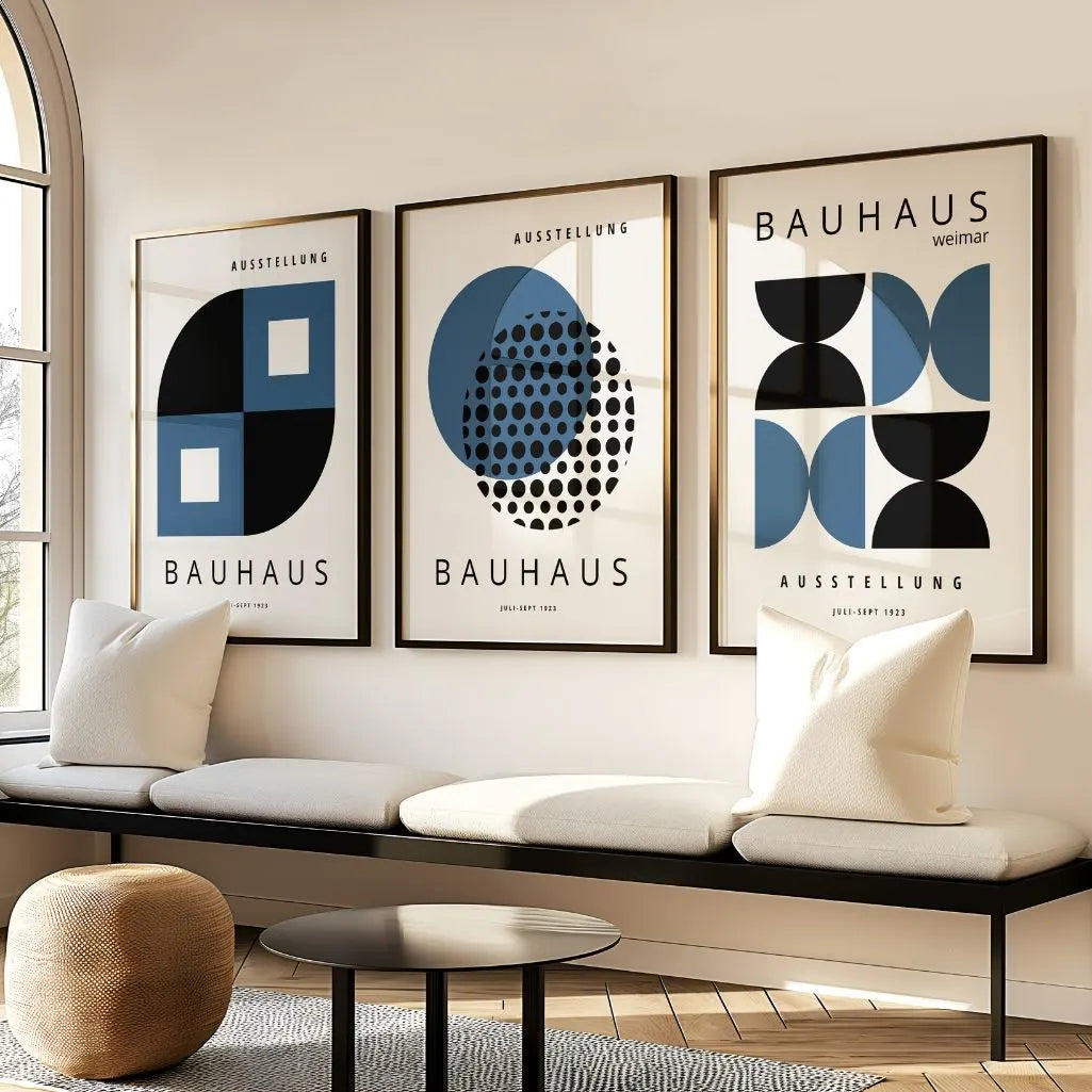navy and black geometric bauhaus poster set in contemporary office workspace
