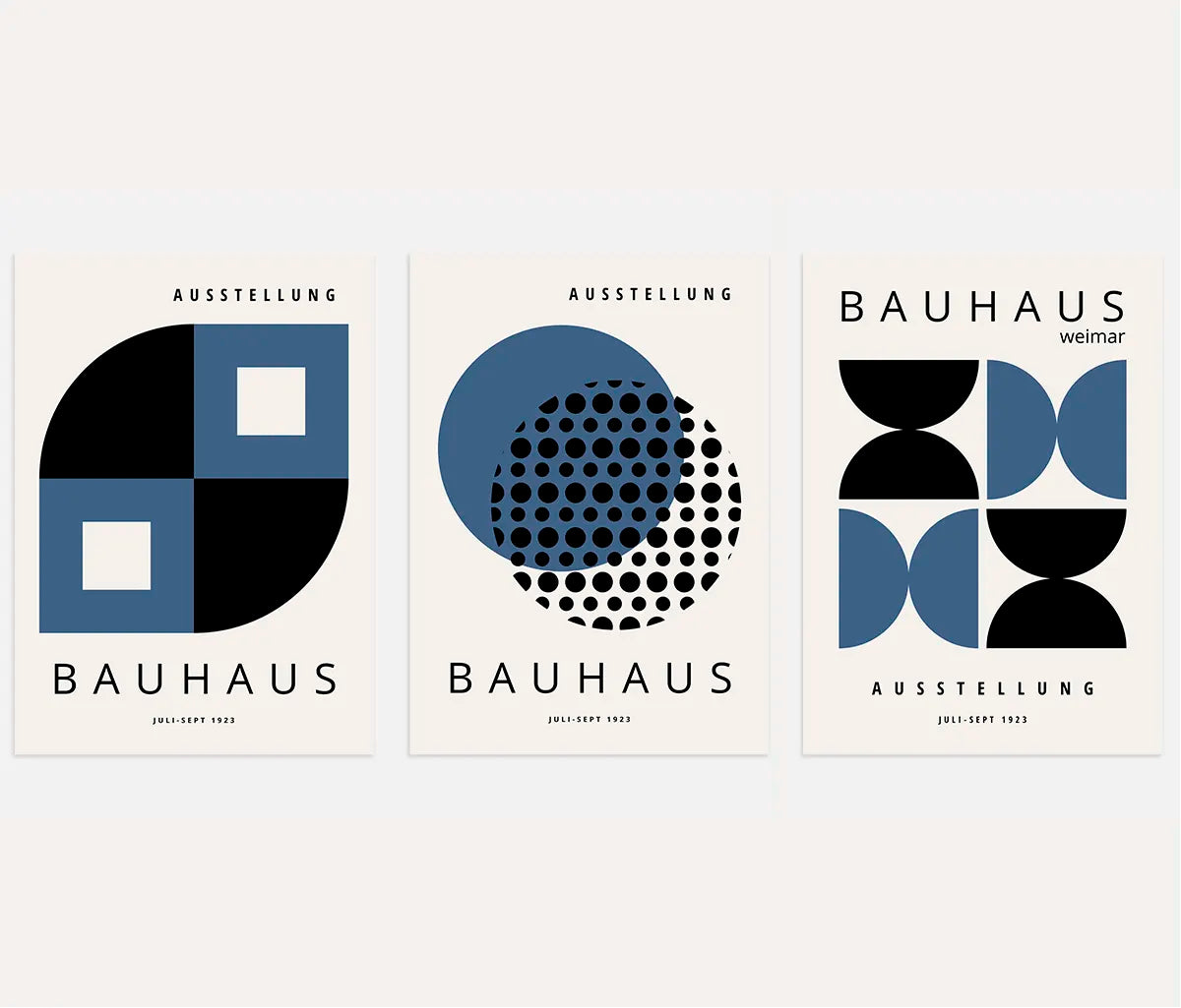 bauhaus poster set of 3 with navy and black circles half circles and modular geometric layouts