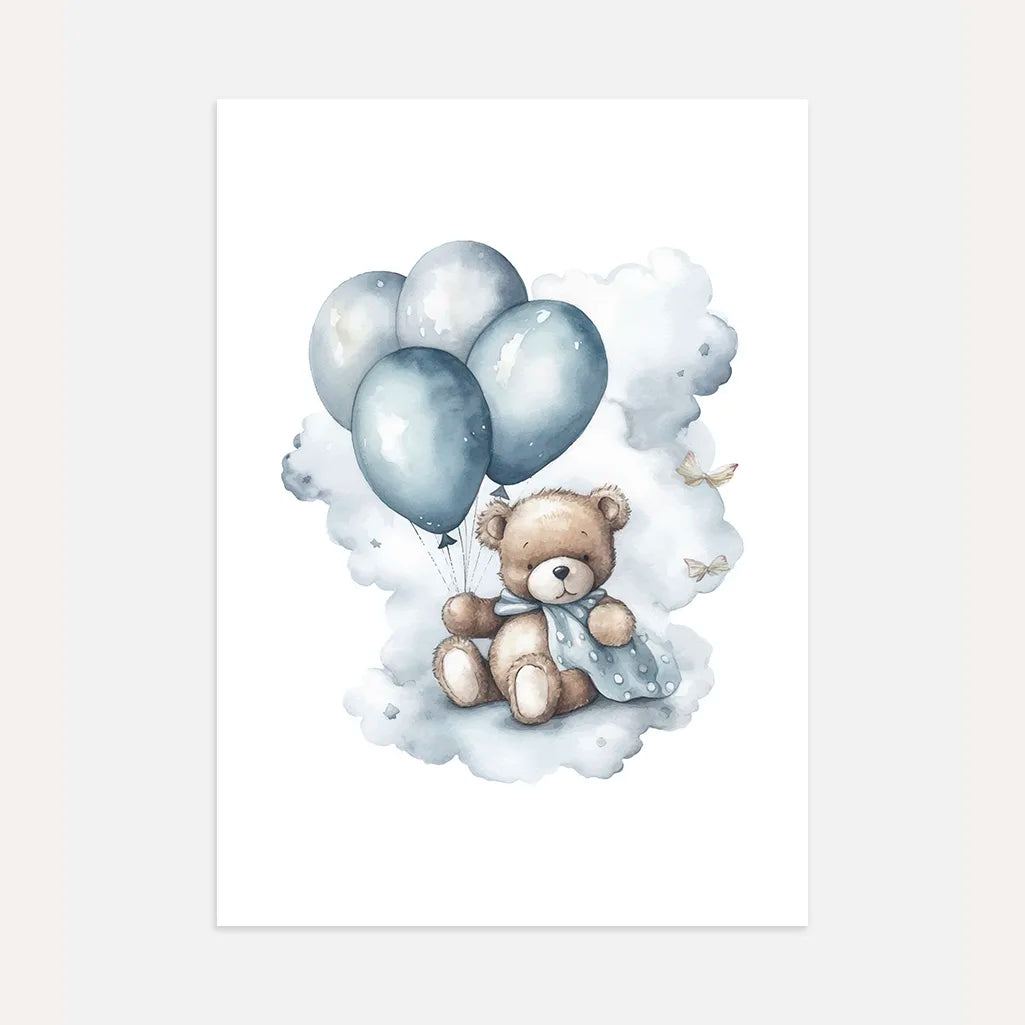 bear on a cloud with blue balloons poster kids wall art