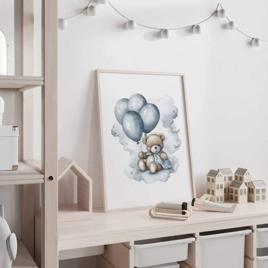 bear on cloud blue balloons poster nursery decor