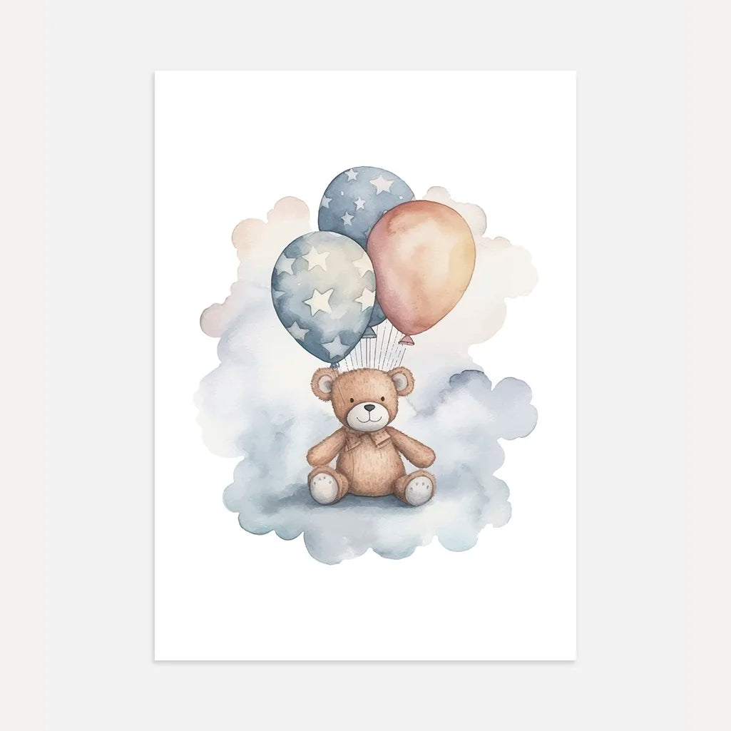 bear on a cloud with star balloons poster kids wall art