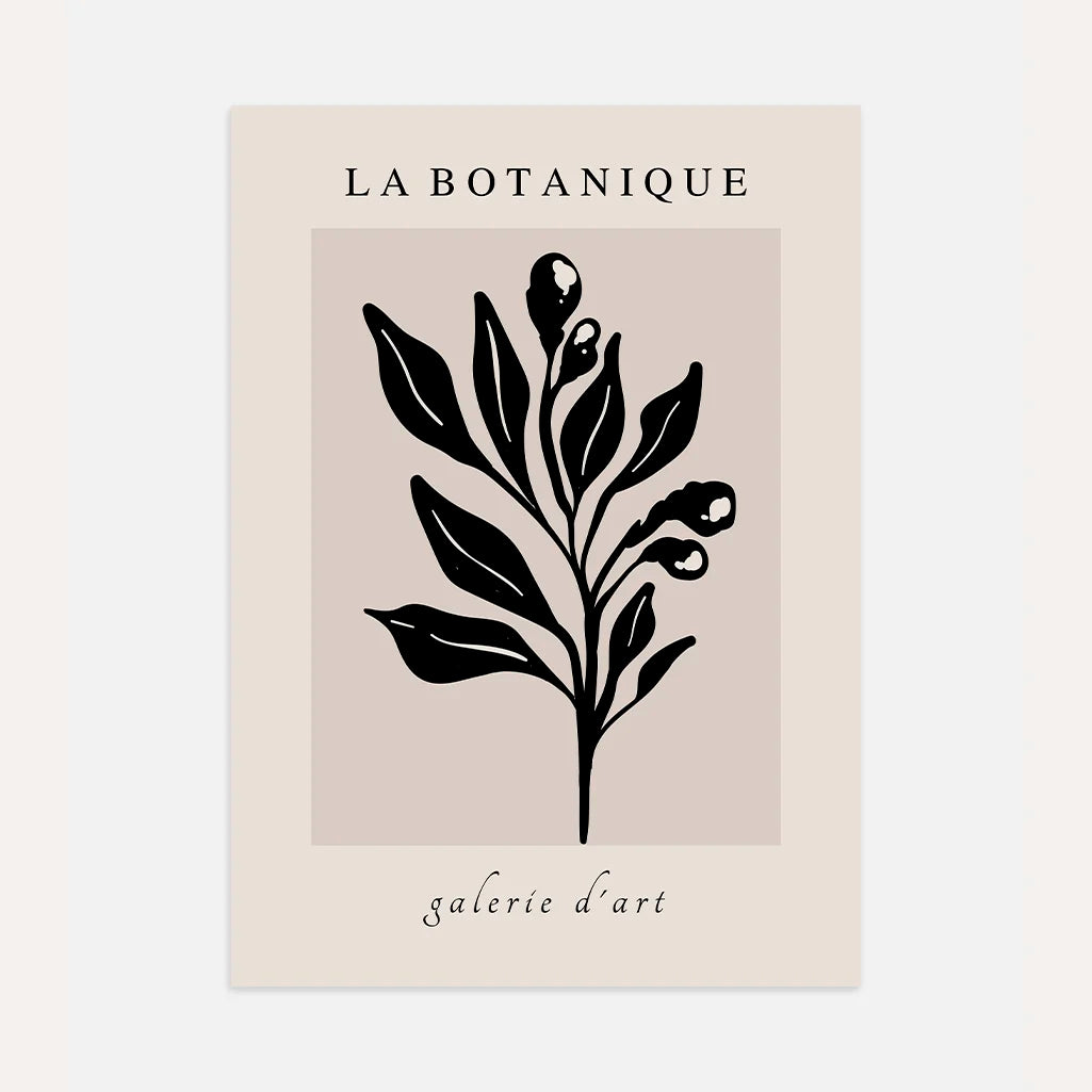 Black botanical leaves poster on warm beige background with minimalist gallery style design