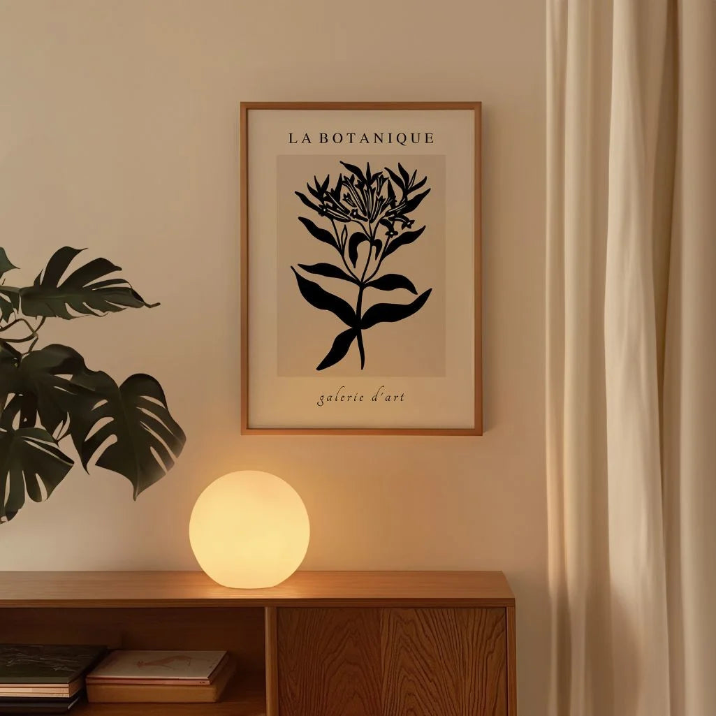 Close up of black botanical flowers poster showing strong contrast and clean lines